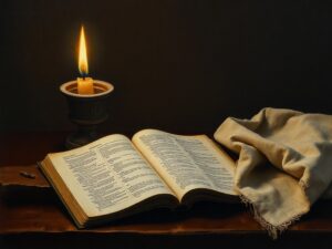 Bible verses for healing — an open Bible and a small clay bowl of oil beside a candle
