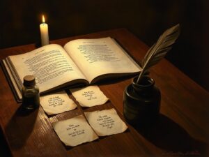 How to memorize Bible verses — a quill copying a verse onto small parchment cards by candlelight