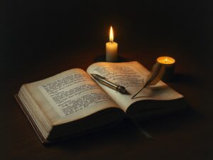 How to start a prayer journal — an open leather journal and quill beside a candle at night