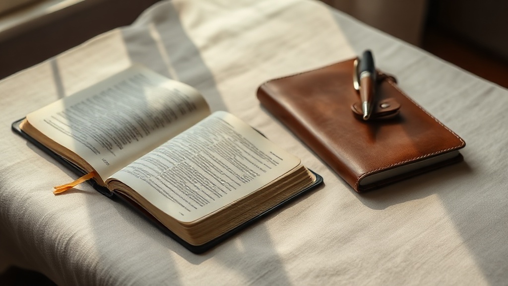 Verse of the Day 1 An open Bible, notebook and pen laid out for a daily reading habit