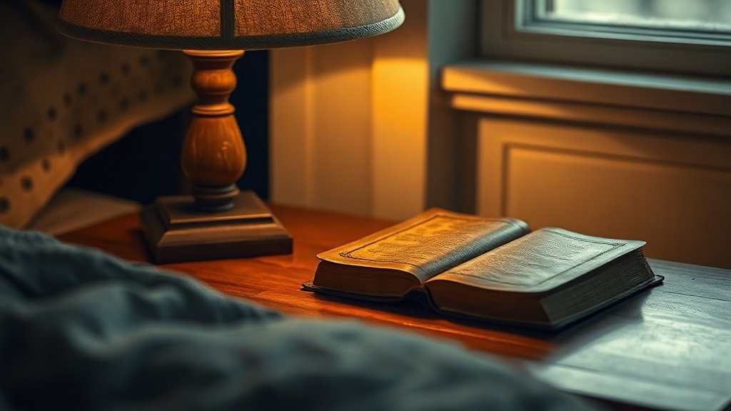 Verse of the Day 3 A warm bedside lamp beside a closed leather Bible at night
