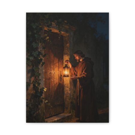 Behold I Stand at the Door Canvas Wall Art — Revelation 3:20, Christian Wall Decor, Lantern Art, Faith Gift for Home