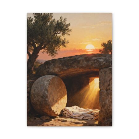 He Is Risen Canvas Wall Art — Empty Tomb at Sunrise, Easter Christian Decor, Matthew 28:6 Resurrection Art, Faith Gift